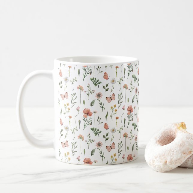 Caneca De Café Padrão de flores selvagens de aquarela (Com Donut)