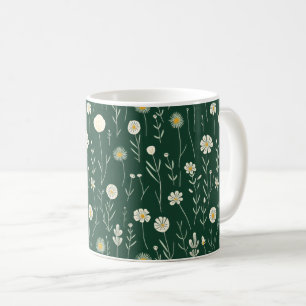 Caneca De Café Padrão de Flores Silvestres Elegantes em Verde Esc