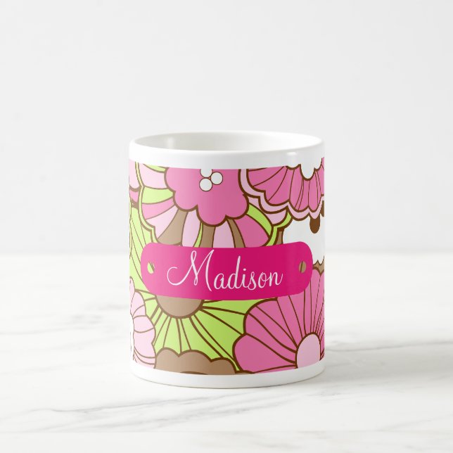 Caneca De Café Padrão de Flores Verdes Rosa de Nome Personalizado (Centro)