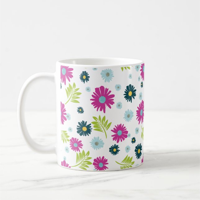 Caneca De Café Padrão de Folha Verde Azul Rosa-Rosa Daisy (Esquerda)