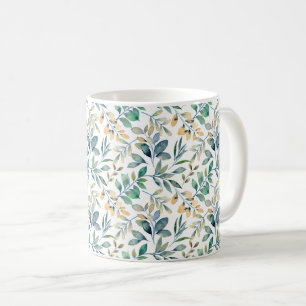 Caneca De Café Padrão de Folha Verde e Amarelo de Aquarela Fresca