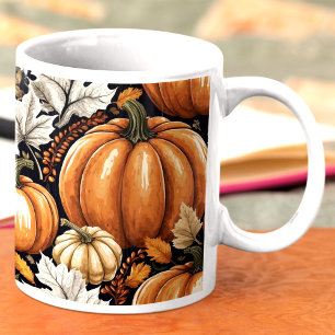 Caneca De Café Padrão de Folhagem de Outono Rústico de Abóboras