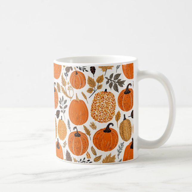 Caneca De Café Padrão de Folhagem do Autumn Rustic Orange Pumpkin (Direita)
