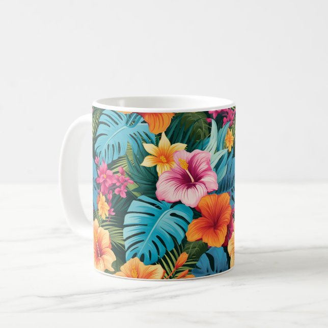Caneca De Café Padrão de Folhagem Tropical Colorida (Frente Esquerda)