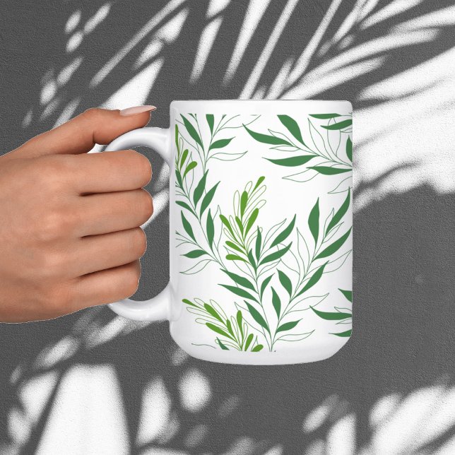 Caneca De Café Padrão de Folhagem Verde Folhas Elegantes Verde e  (Criador carregado)