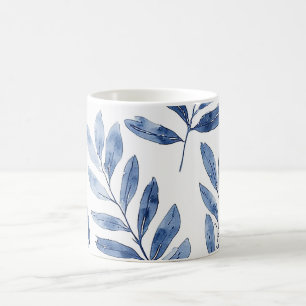Caneca De Café Padrão de Folhas de Aquarela Elegante Azul Índigo