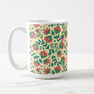 Caneca De Café Padrão de Folhas de Flores Prensadas Desenhadas à