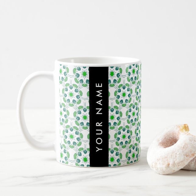 Caneca De Café Padrão de Folhas, Folhas Verdes, Seu Nome (Com Donut)
