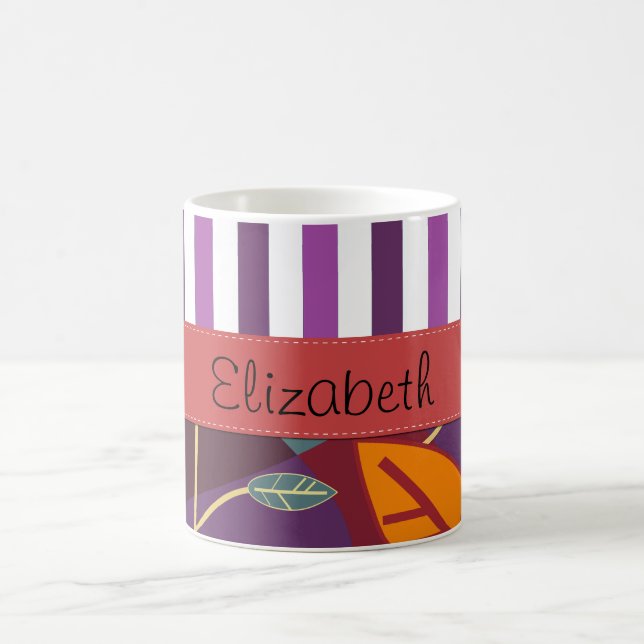 Caneca De Café Padrão De Folhas, Stripes Roxas, Seu Nome (Centro)