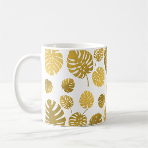 Caneca De Café Padrão de Folhas Tropicais de Monstera Dourada Mod