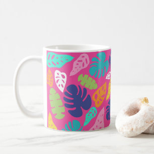 Caneca De Café Padrão de Folhas Tropicais de Verão Brilhantes