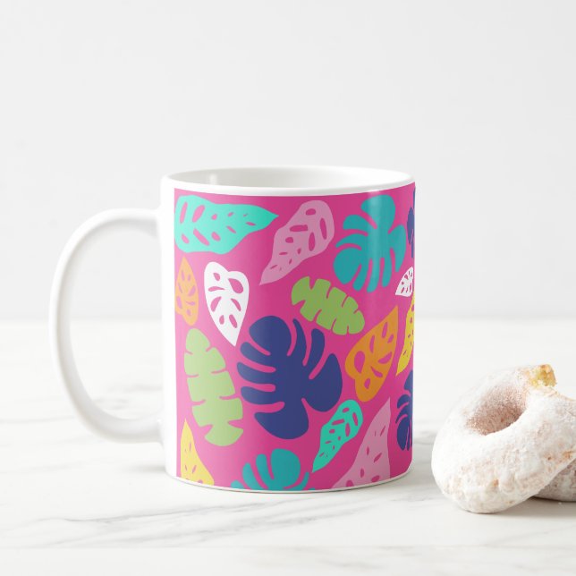 Caneca De Café Padrão de Folhas Tropicais de Verão Brilhantes (Com Donut)
