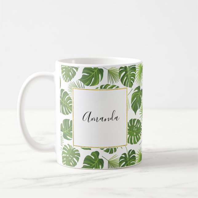 Caneca De Café Padrão de Folhas Tropicais na moda Verde (Esquerda)
