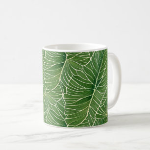 Caneca De Café Padrão de Folhas Tropicais Verde de Aquarela
