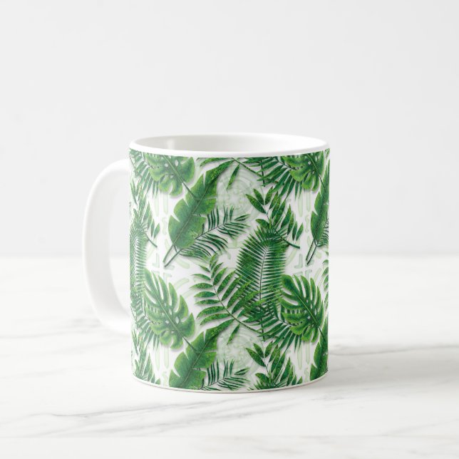 Caneca De Café Padrão de Folhas Tropicais Verde Verde (Frente Esquerda)