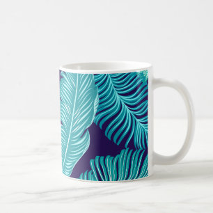 Caneca De Café Padrão de Folhas Verdes Azuis Tropicais