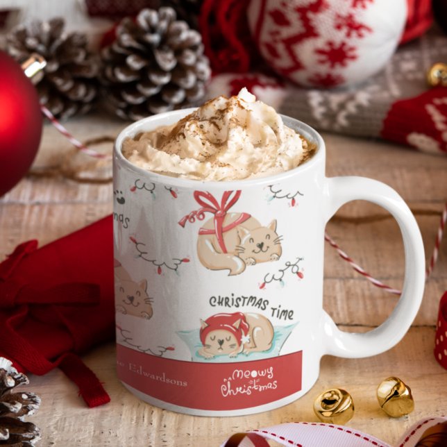 Caneca De Café Padrão de Gato de Gatinho Feliz de Natal (Criador carregado)