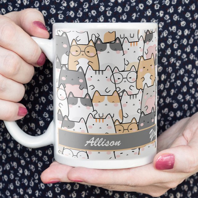 Caneca De Café Padrão de Gatos-Cute Kawaii Personalizado (Criador carregado)