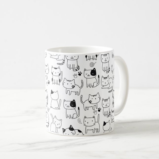Caneca De Café Padrão de Gatos de Doodle (Frente Esquerda)
