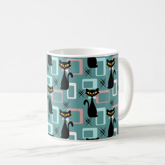 Caneca De Café padrão de gatos pretos do meio século (Frente Esquerda)