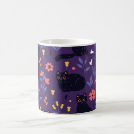 Caneca De Café padrão de Gatos Pretos e Flores Silvestres