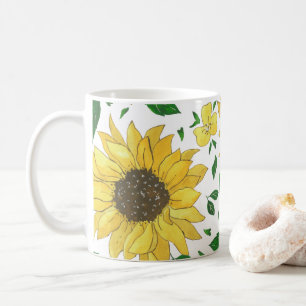 Caneca De Café Padrão de Girassol em Aquarela 
