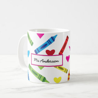 Caneca De Café Padrão de Giz de Cera Colorido e Corações Professo