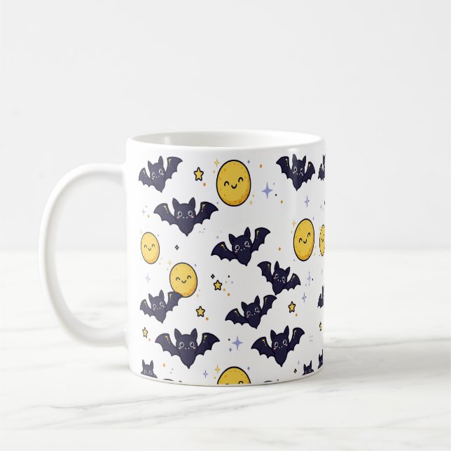 Caneca De Café Padrão de Halloween de Morcegos Fofos e Lua (Esquerda)