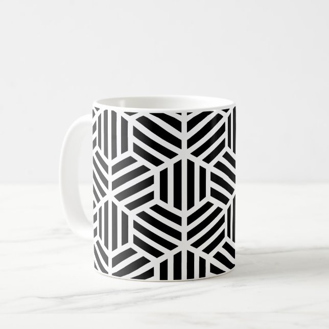 Caneca De Café Padrão de Hexágono Geométrico Negro Branco (Frente Esquerda)