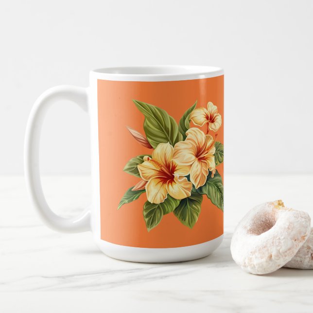Caneca De Café Padrão de Hibisco Amarelo em Laranja (Com Donut)
