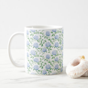 Caneca De Café Padrão de Hortênsia Azul Floral Botânico Aquarela
