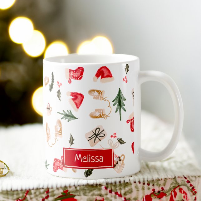 Caneca De Café Padrão de ilustração de natal de cor aquosa (Cute watercolor Christmas illustration pattern Coffee Mug)
