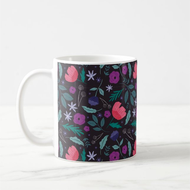 Caneca De Café Padrão de Ilustração Floral Rosa e Púrpura (Esquerda)