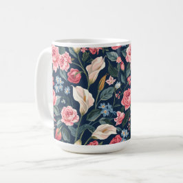 Caneca De Café Padrão de Jardim Floral Azul Naval Romântico