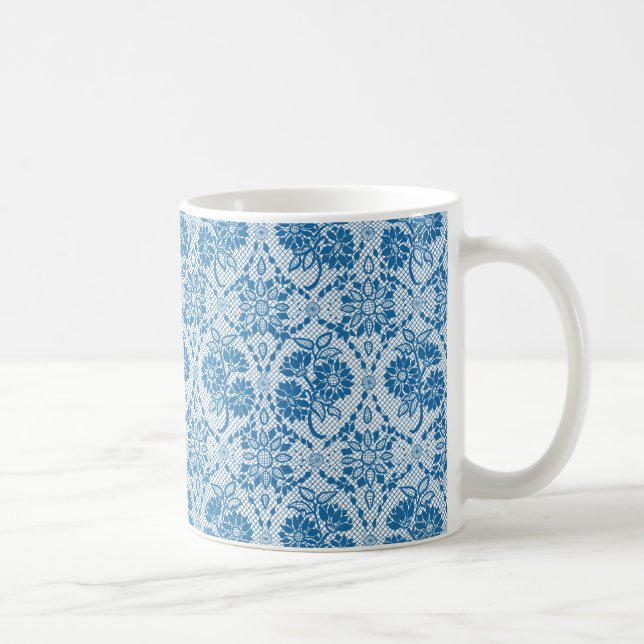 Caneca De Café Padrão de Lace Faux Floral Azul do Indigo Personal (Direita)