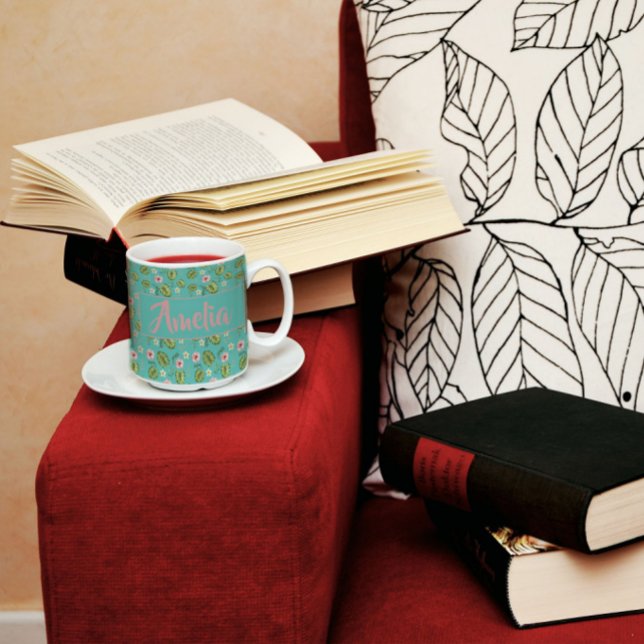 Caneca De Café Padrão de lágrimas rosa-claro do jardim de aquarel (Criador carregado)