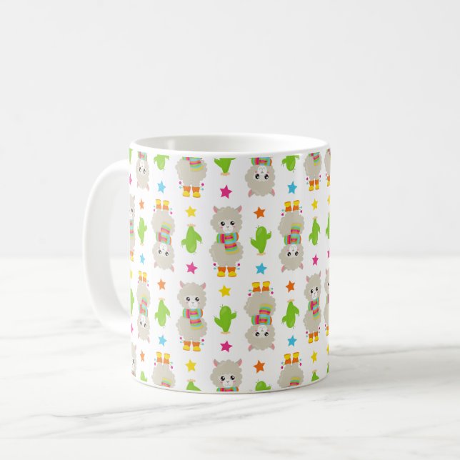 Caneca De Café Padrão De Lhamas, Lhamas Cutas, Alpacas, Cactus (Frente Esquerda)