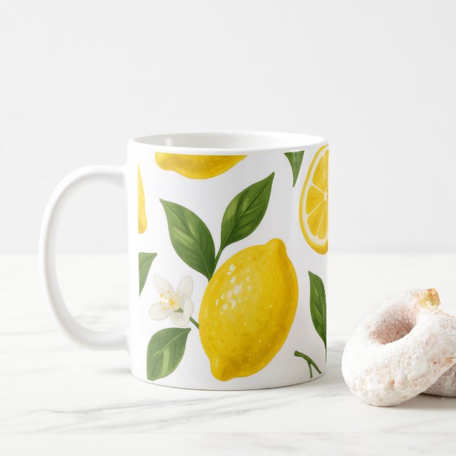 Caneca De Café Padrão de Limão Fresco com Folhas e Flores (Com Donut)