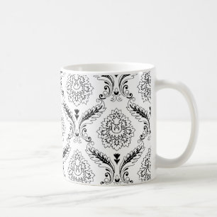 Caneca De Café Padrão de Linha Damasko Rococó Preto no Branco
