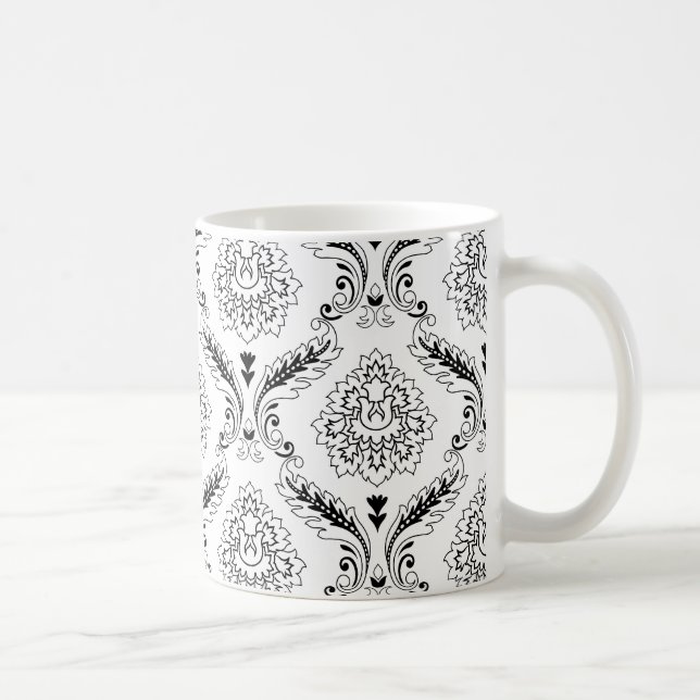 Caneca De Café Padrão de Linha Damasko Rococó Preto no Branco (Direita)
