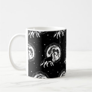 Caneca De Café Padrão de Linocução da Lua do Rouco preto e branco