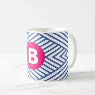 Caneca De Café Padrão de Listras Azuis Abstratas com Monograma Ro