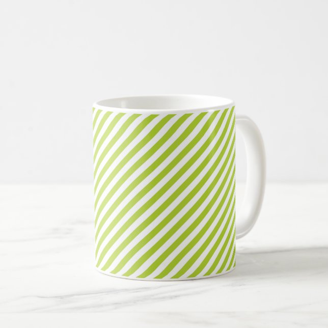 Caneca De Café Padrão de listras diagonais em verde lima e branco (Frente Esquerda)
