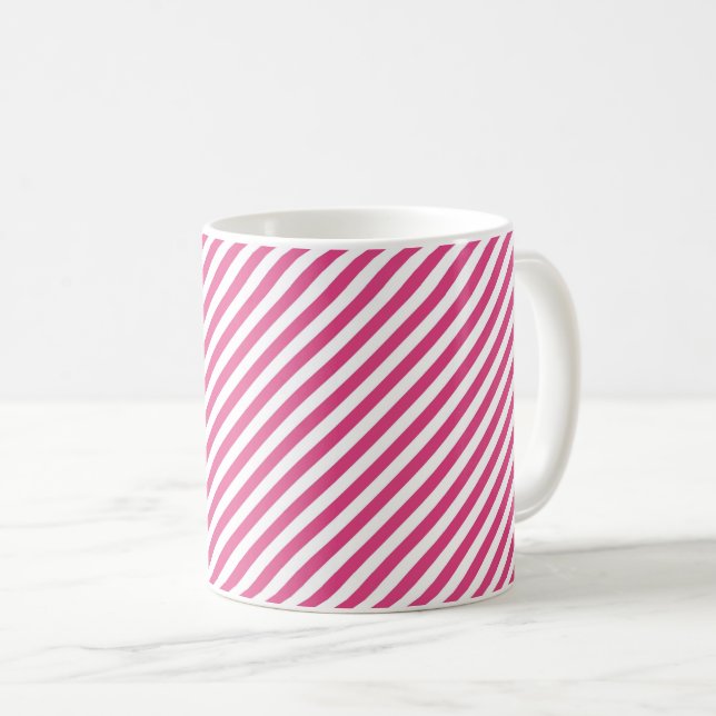 Caneca De Café Padrão de listras diagonais rosa e branco (Frente Esquerda)