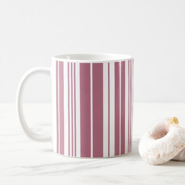 Caneca De Café Padrão de Listras Verticais Rosa e Branco (Com Donut)