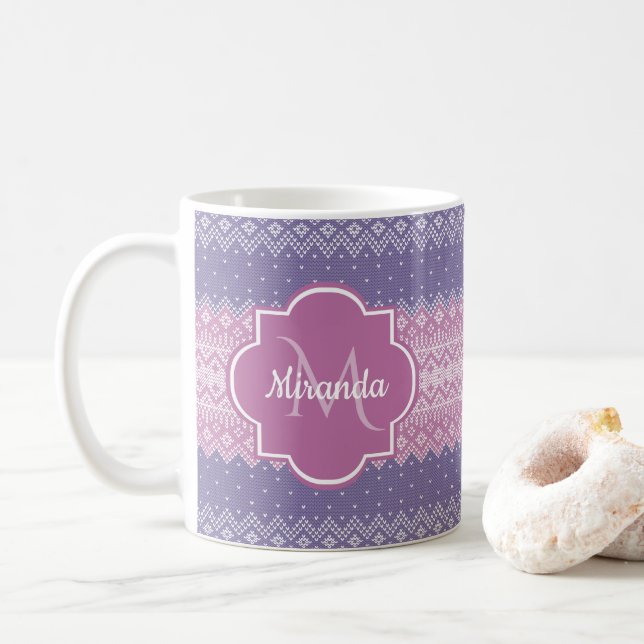 Caneca De Café Padrão de Malha Roxa com Monograma e Nome Elegante (Com Donut)