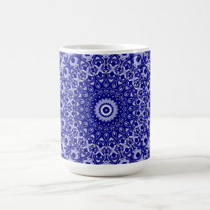Caneca De Café Padrão de Mandala Azul Meia-Noite e Branco