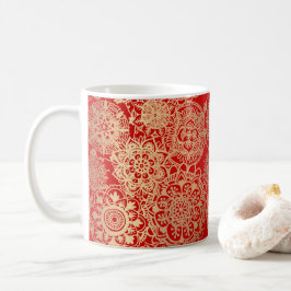 Caneca De Café Padrão de Mandala Dourado Elegante Vermelho