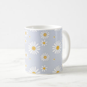 Caneca De Café Padrão de Margarida Branca em Cinza Suave