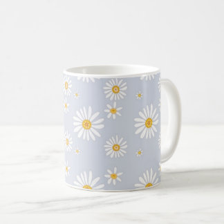 Caneca De Café Padrão de Margarida Branca em Cinza Suave